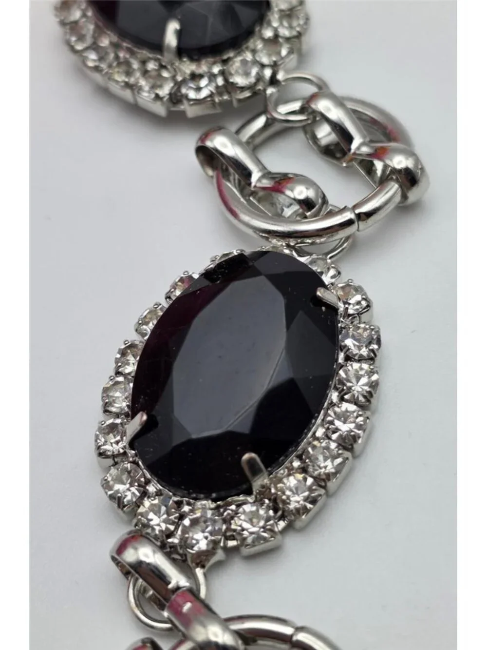Black Faceted Glass Crystal Chain Belt Silver Tone Adjustable 44 In Statement